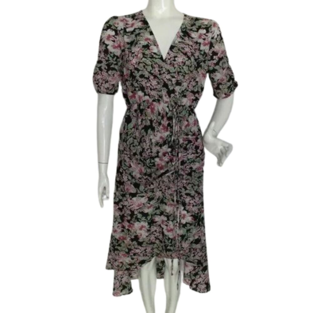 WALTER BAKER Dress, 4, Black, Pink Floral, Hi-low hem, Shirred short sleeve
